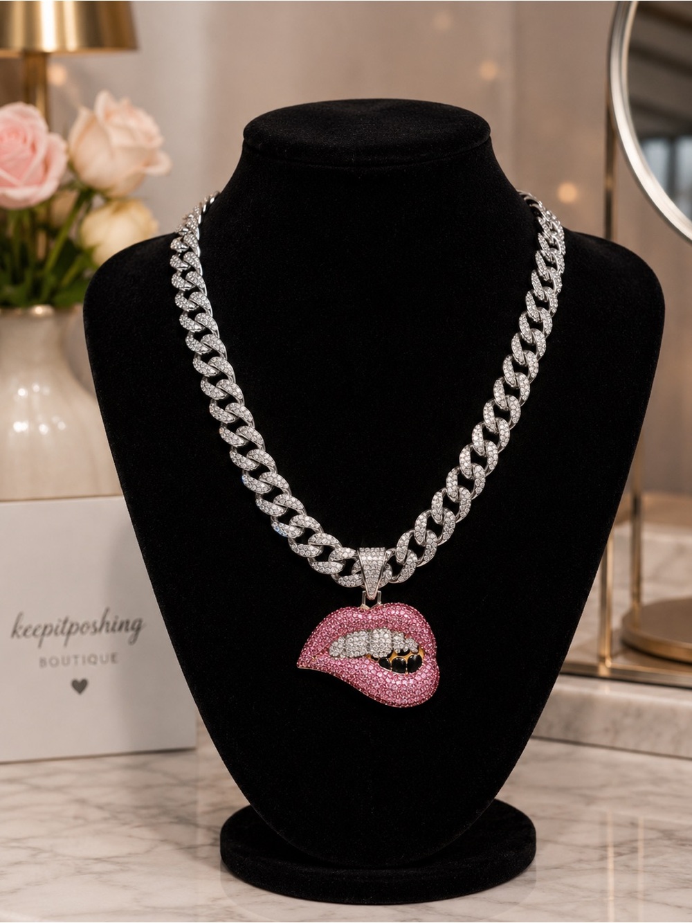 Pink Pave Lip Pendant Cuban Chain Necklace